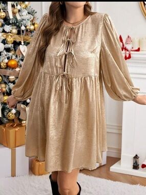 SHEIN Essnce Plus-Size Women's Puffy Long-Sleeved Gold Dress S 2xl BNWOT